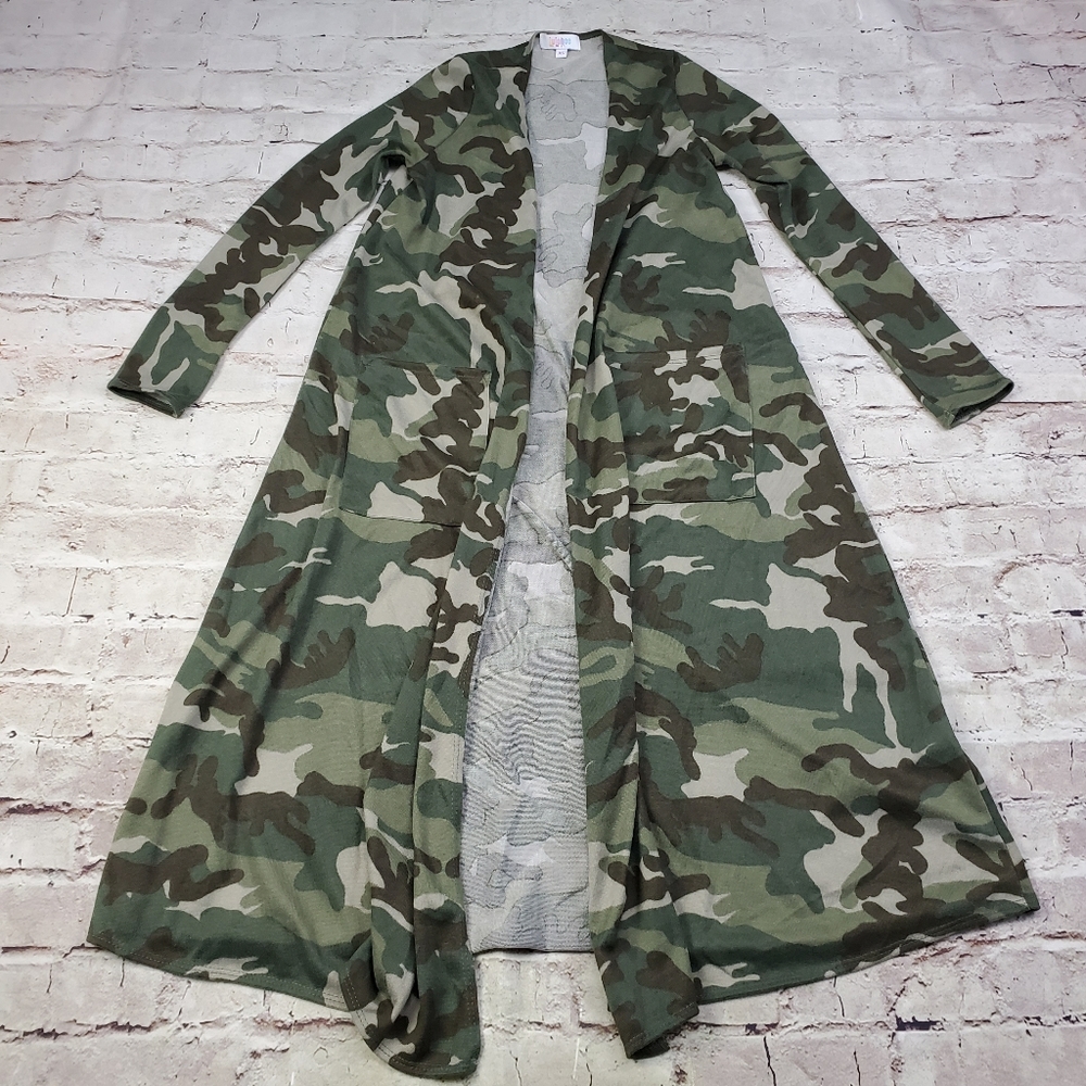 LuLaRoe Sarah Duster Camo Sweater Cardigan Stretch Knit Camouflage Casual Lounge